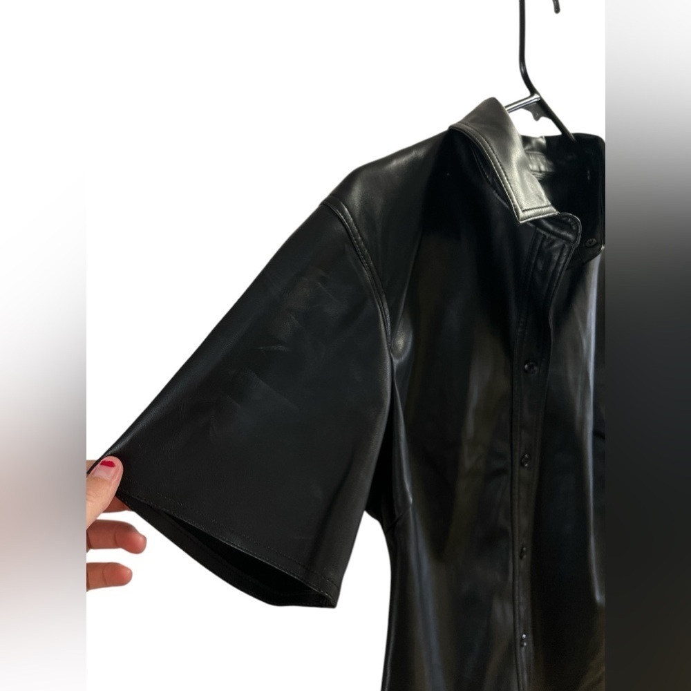 Open Edit Black Leather Button Down Collared Shor… - image 6